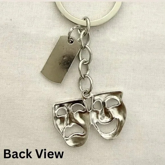 Theater Masks Keychain Bag Charm 3 Inch Silver Tone Drama Comedy Accessory - Picture 5 of 6